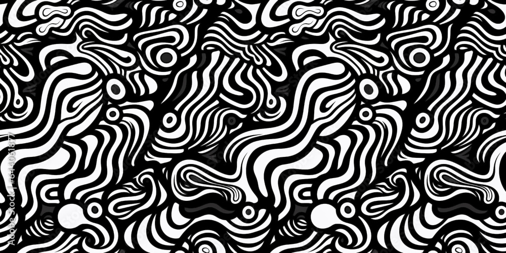Abstract doodle of lines, spots and blotches in a seamless repeating pattern in black and white.
