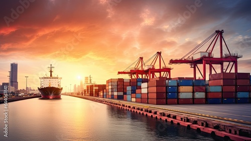 Wallpaper Mural Container Cargo freight ship with working crane bridge at sunset for Logistic Import Export background Torontodigital.ca