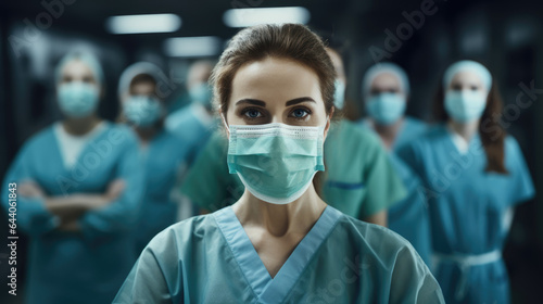 Portrait of a old doctor standing with her team in hospital