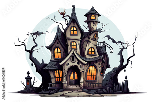 A spooky Halloween house, cartoon, comic, isolated, white background