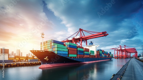 Container Cargo freight ship with working crane bridge at sunset for Logistic Import Export background