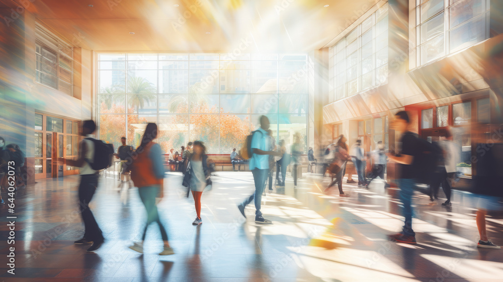 Students walking to class in a university or college environment. Moving crowd motion blurred background. Students walking to class in a university or college environment. Moving crowd motion blurred background.