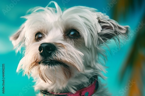 Close-up portrait photography of a tired lowchen dog wearing a bandana against a tropical teal background. With generative AI technology
