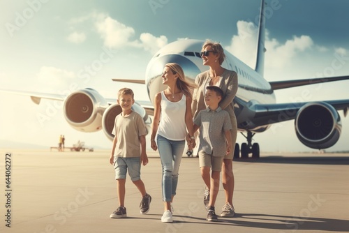 A family with a son and daughter happily travels on a big plane for a summer family vacation and family bonding. family concept.