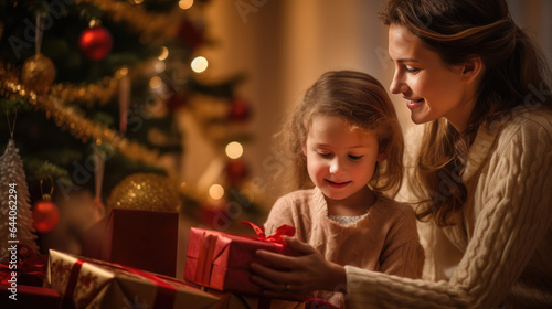 Mother, daughter look at gifts under tree