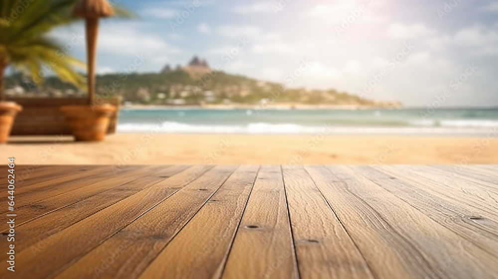 Fototapeta premium Wooden table deck on blur beach background