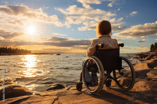 girl with disabilities in a wheelchair on the river bank admires nature. copy space for text