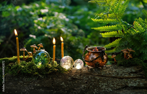 Foto witch cauldron, candles and crystal balls on stump in forest, abstract natural dark background