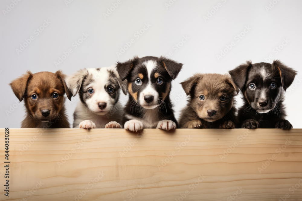 Row of puppies, dogs on a light background. copy space for text Row of puppies, dogs on a light background. copy space for text