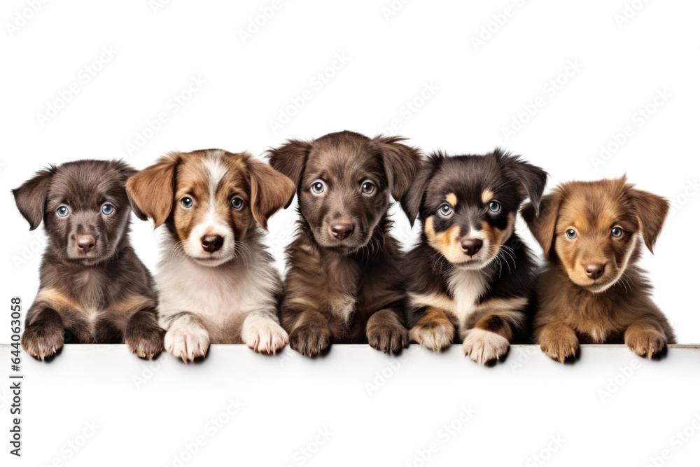 Row of dogs, blank white web banner. copy space for text