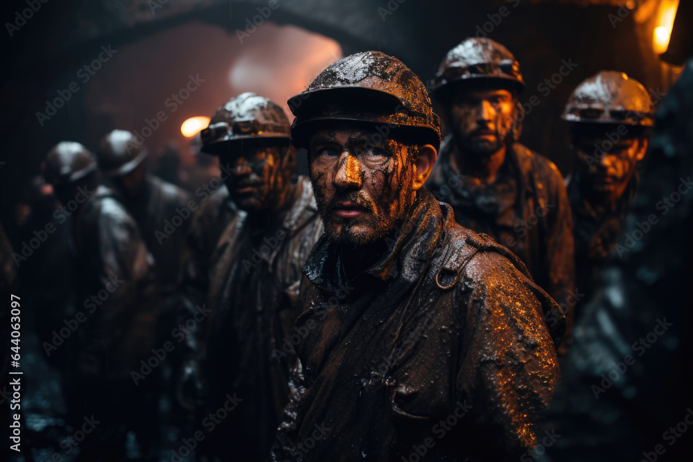 Male workers miners in a coal mine, selective focus