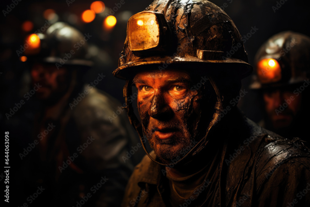 Male workers miners in a coal mine, selective focus Male workers miners in a coal mine, selective focus