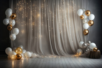 Party festive birthday photo zone with colorful balloons. copy space for text