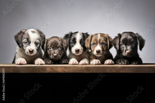 Row of funny beautiful puppies. copy space for text