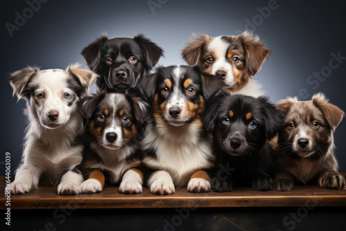 Row of puppies, dogs on a wooden surface on a dark background