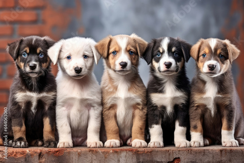 Row of puppies, dogs against a brick wall