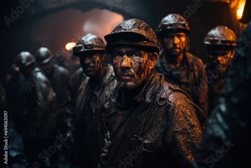 Male workers miners in a coal mine, selective focus
