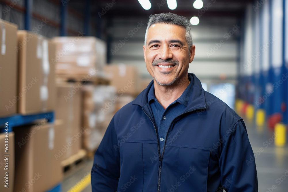 Hispanic male warehouse worker in distribution delivery center. Storehouse package supervisor Hispanic male warehouse worker in distribution delivery center. Storehouse package supervisor