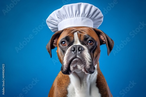 Environmental portrait photography of a cute boxer dog wearing a chef hat against a sapphire blue background. With generative AI technology