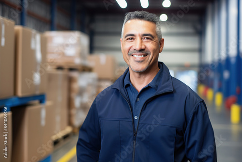 Hispanic male warehouse worker in distribution delivery center. Storehouse package supervisor