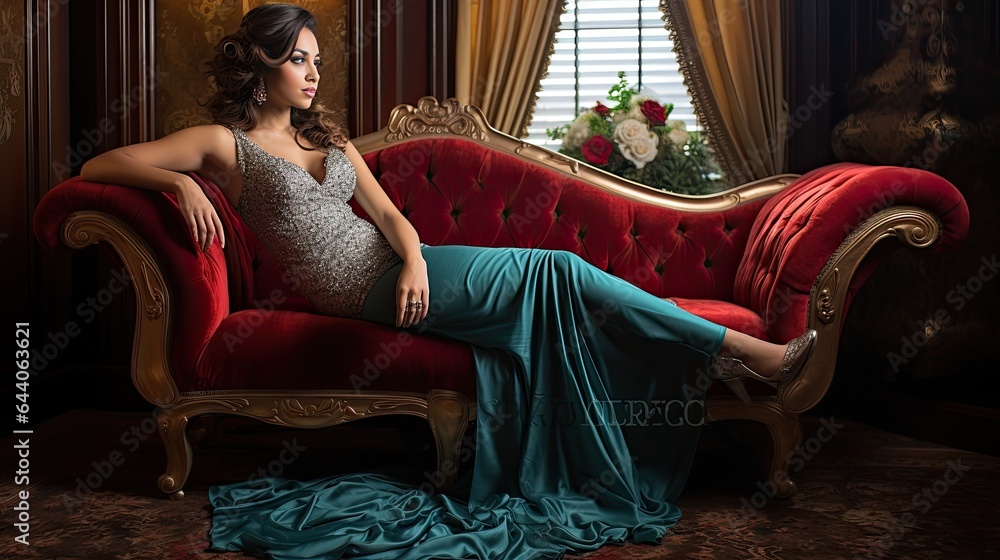 Model posed elegantly on a chaise lounge, highlighting curves and confidence, set in a vintage room with lace curtains Model posed elegantly on a chaise lounge, highlighting curves and confidence, set in a vintage room with lace curtains