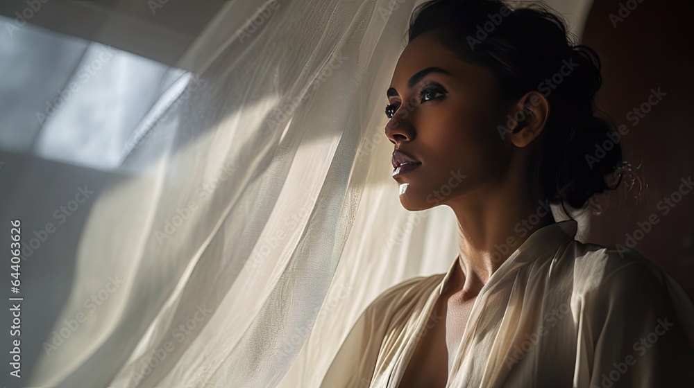 Model reflecting introspection, set amidst flowing sheer drapes, highlighting the juxtaposition of strength and vulnerability Model reflecting introspection, set amidst flowing sheer drapes, highlighting the juxtaposition of strength and vulnerability