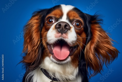 Headshot portrait photography of a smiling cavalier king charles spaniel dog wearing a spiked collar against a sapphire blue background. With generative AI technology