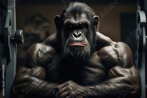 Muscular monkey gorilla bodybuilder or powerlifter in the gym