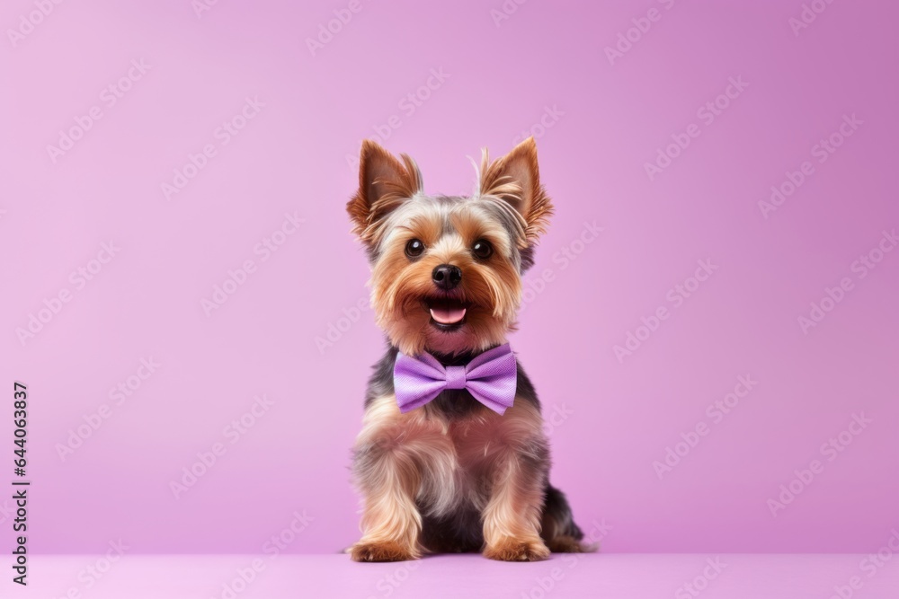 Φωτογραφία Group portrait photography of a cute yorkshire terrier wearing a cute bow tie against a lilac purple background