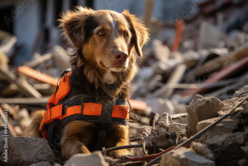Fototapete Search dog rescuer in a signal vest looking for people under the rubble of a col