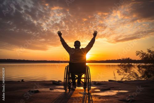 Handicapped man in a wheelchair on the shore of the lake at sunset raised his hands up