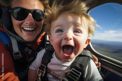 boy and an instructor in front of a parachute jump from an airplane © Michael