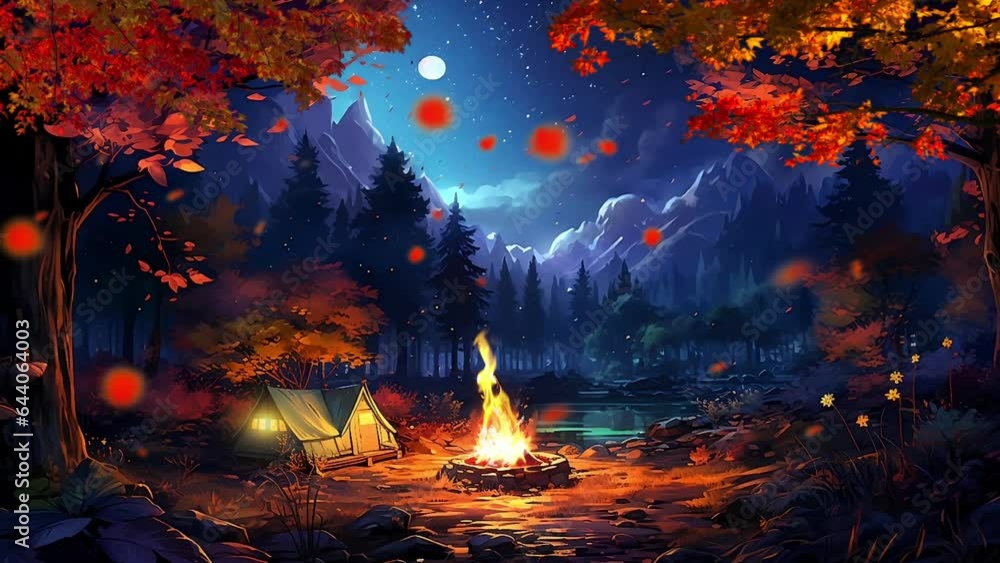 Camping in the mountains at night, with bonfire, and tent, beautiful view background looping Cartoon or anime illustration style Camping in the mountains at night, with bonfire, and tent, beautiful view background looping Cartoon or anime illustration style