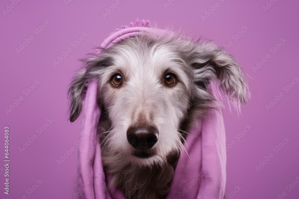 Close-up portrait photography of a tired scottish deerhound wearing a cooling bandana against a lilac purple background. With generative AI technology