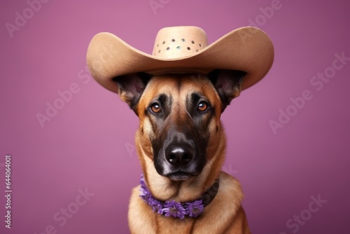 Medium shot portrait photography of a cute belgian malinois dog wearing a sombrero against a lilac purple background. With generative AI technology
