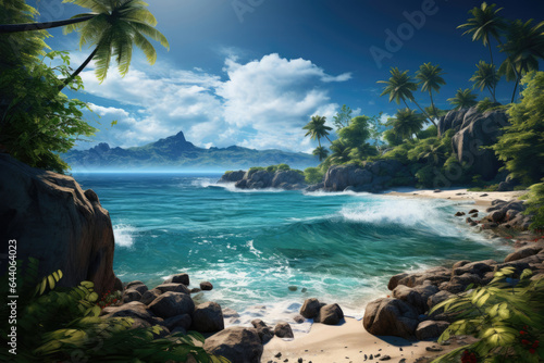 tropical paradise island beach - stones, sandy beach and palm trees against the blue sky