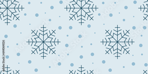 Christmas Seamless pattern with snowflakes. Winter Flat vector illustration for Holiday decoration, Wrapping paper template, Seasonal banner. Endless background with snowfall on blue. Design art
