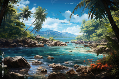 tropical landscape sandy beach and palm tree against blue sky