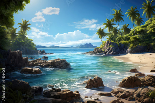 tropical paradise island beach - stones, sandy beach and palm trees against the blue sky