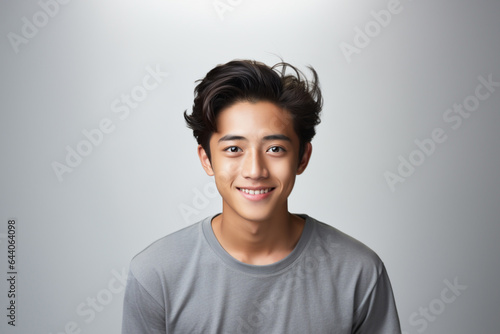 Portrait of a smiling young Asian man wearing a t-shirt with looking at the camera in confidently while standing alone in a grey wall background. photo