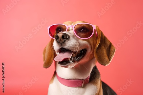 Headshot portrait photography of a happy beagle wearing a trendy sunglasses against a coral pink background. With generative AI technology