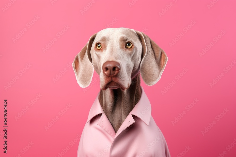 Headshot portrait photography of a funny weimaraner dog wearing a doctor costume against a coral pink background. With generative AI technology