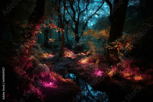 A magical woodland bathed in vibrant neon lights as darkness falls. Generative AI