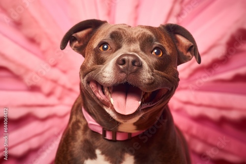 Close-up portrait photography of a smiling staffordshire bull terrier wearing a fairy wings against a coral pink background. With generative AI technology photo
