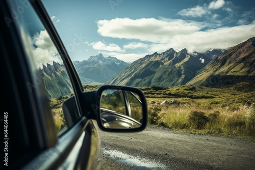 Mountains reflected in car mirror. Generative AI