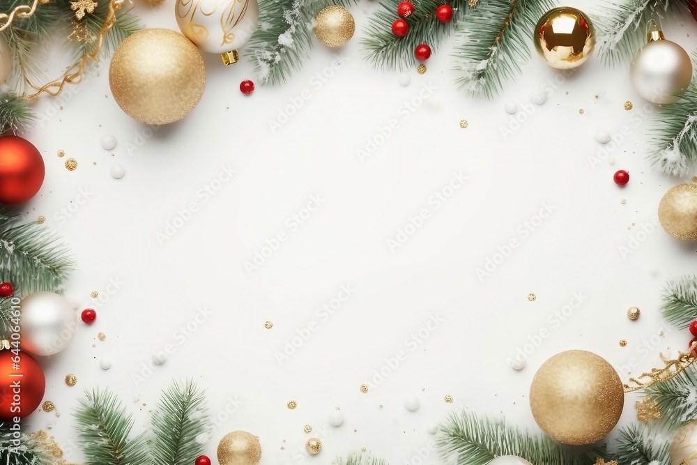 Christmas frame of spruce, red & gold christmas decorations on white background. Copy space. New Year lights. Flat lay. generative ai. Christmas frame of spruce, red & gold christmas decorations on white background. Copy space. New Year lights. Flat lay. generative ai.