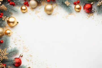 Christmas frame of spruce, red & gold christmas decorations on white background. Copy space. New Year lights. Flat lay. generative ai.