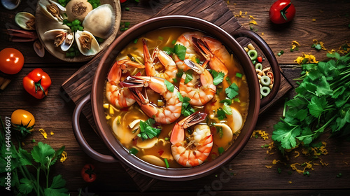 Soup with seafood and vegetables on wooden background. 