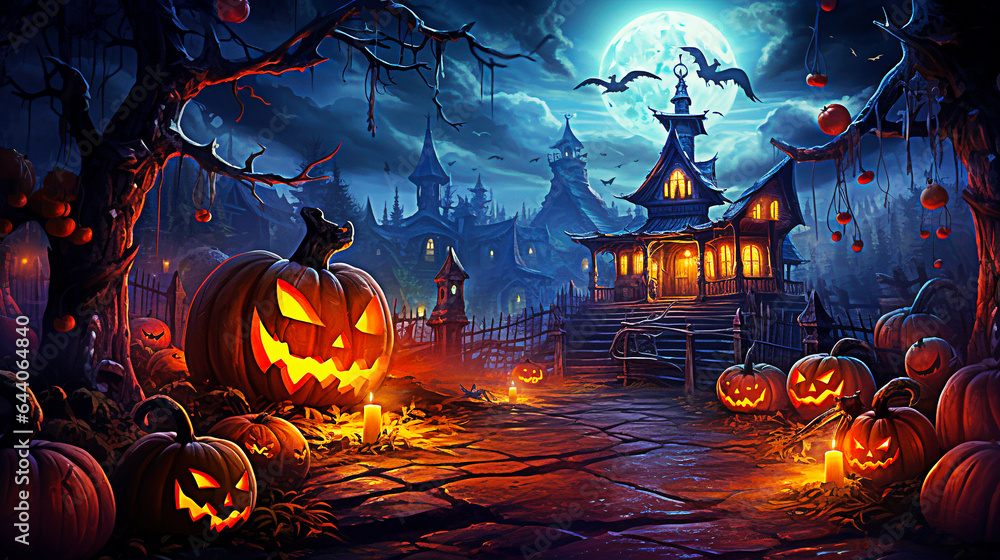 Halloween background with pumpkins, witch's house and moon. selective focus. Halloween background with pumpkins, witch's house and moon. selective focus.