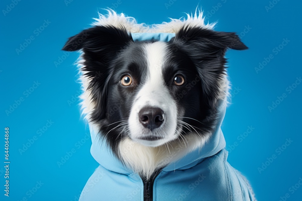 Lifestyle portrait photography of a cute border collie wearing a ski suit against a cerulean blue background. With generative AI technology Lifestyle portrait photography of a cute border collie wearing a ski suit against a cerulean blue background. With generative AI technology